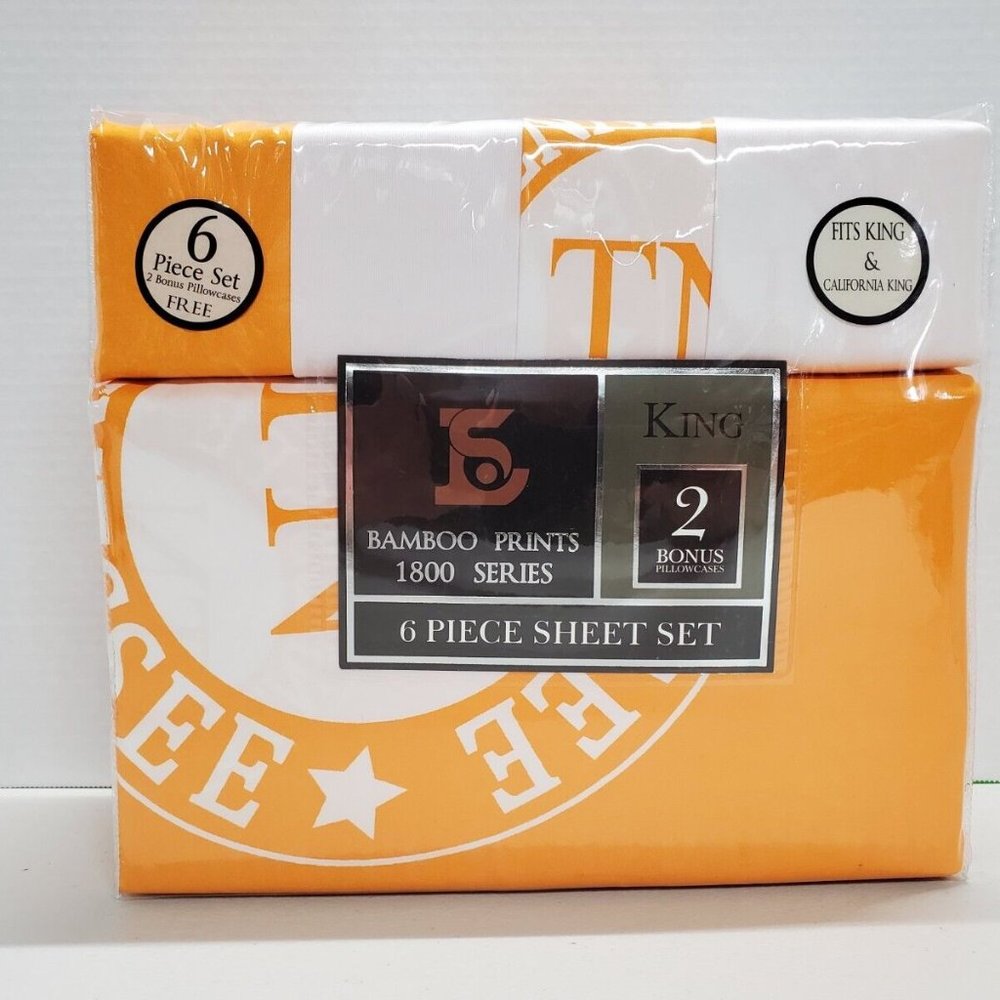 KING 6 Pc Bed Sheet Set 1800 Series TN Vols Tennessee Bed Sheets Orange/White
